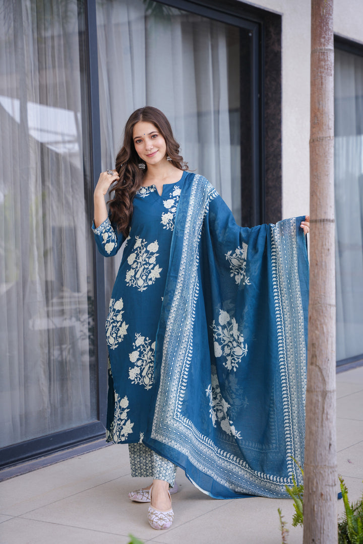 Ramya Blue Cotton Suit Set
