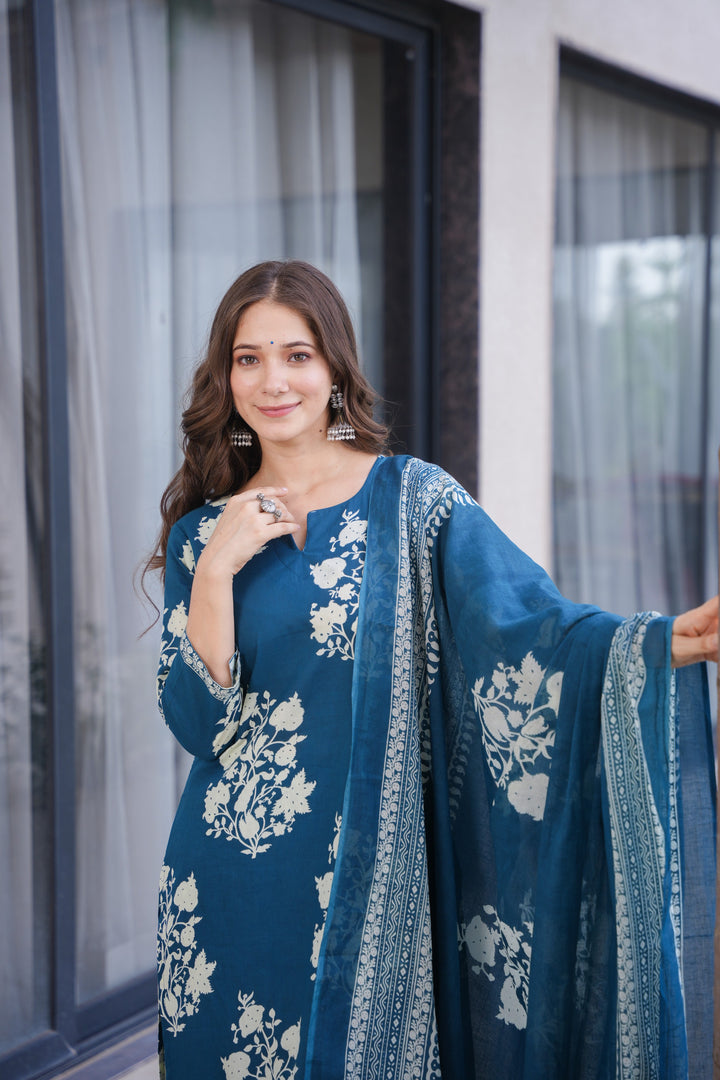 Ramya Blue Cotton Suit Set