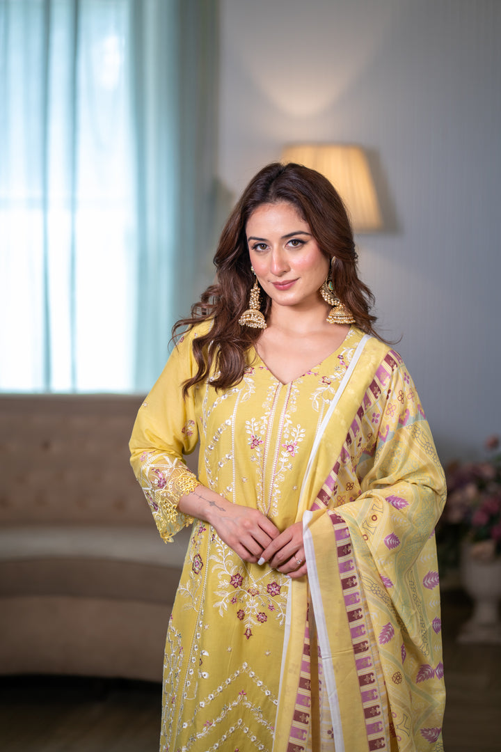 Hafsah Yellow Cotton Lawn Suit