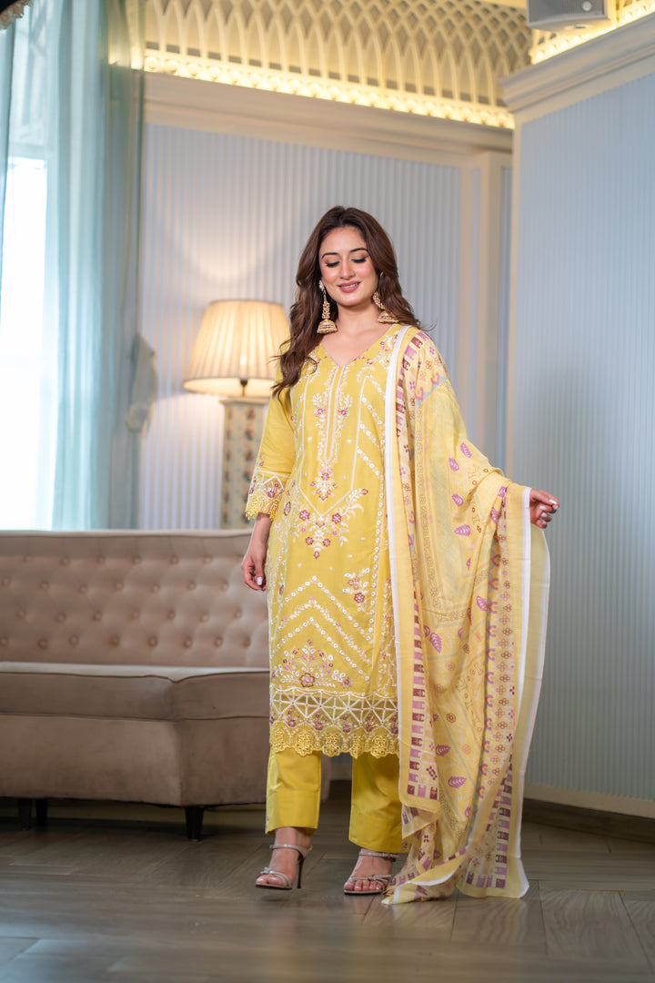 Hafsah Yellow Cotton Lawn Suit