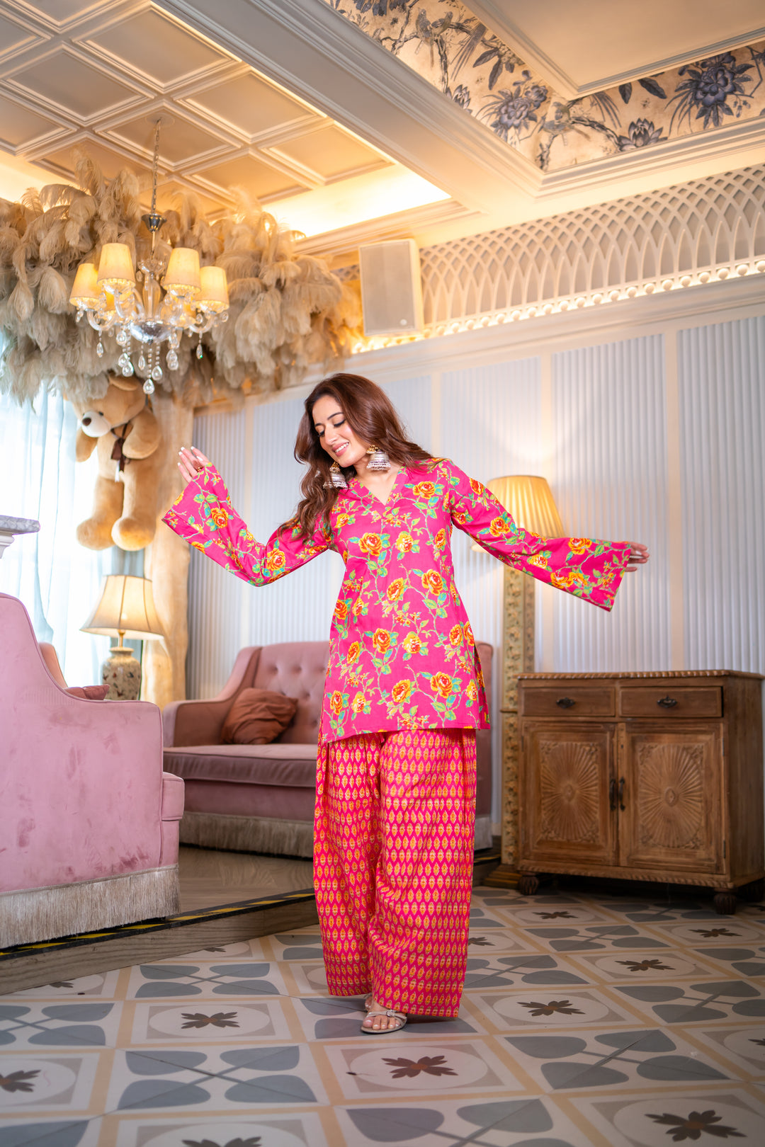 Madhuri Pink Cotton Farshi Set