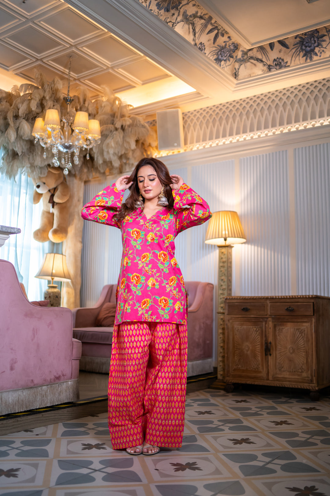 Madhuri Pink Cotton Farshi Set