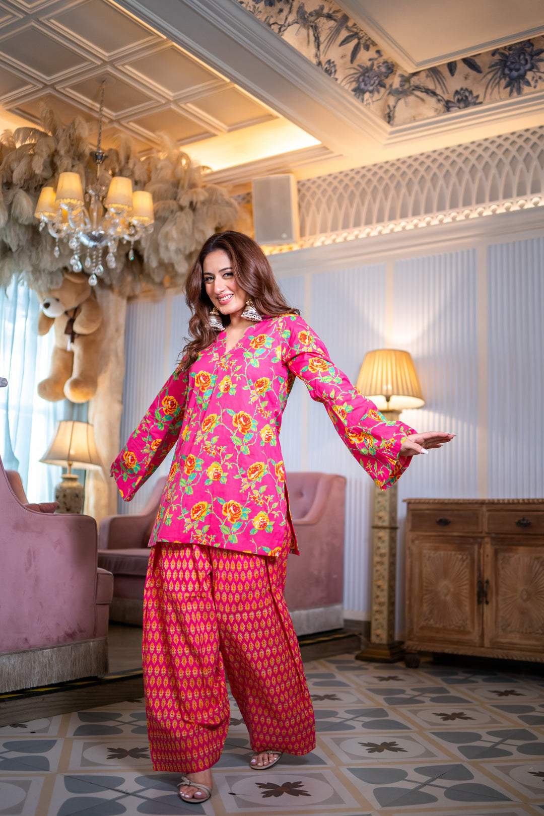 Madhuri Pink Cotton Farshi Set