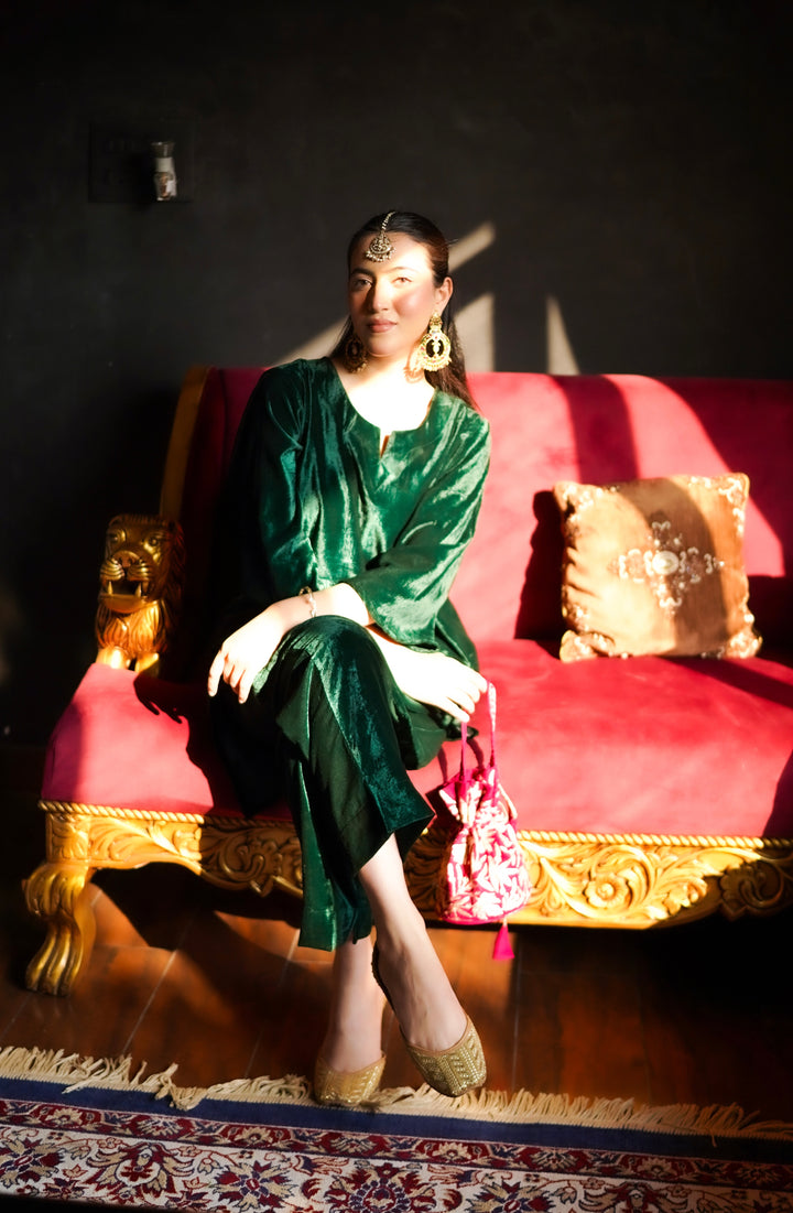 Bottle Green Velvet Co-ord Set
