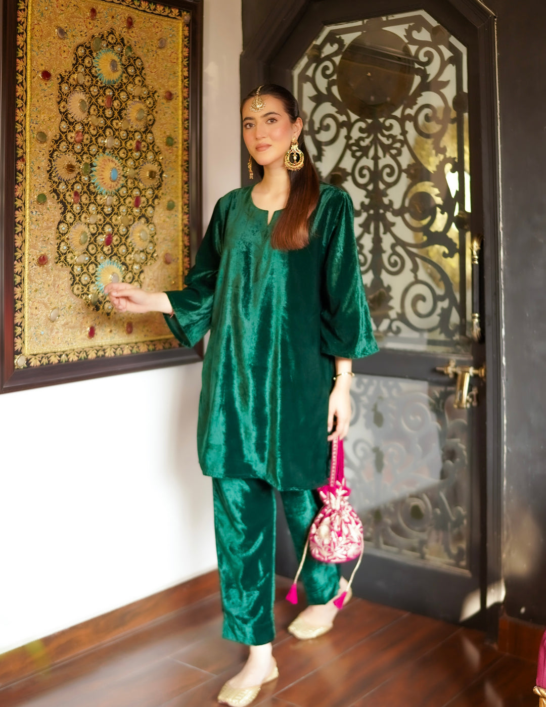 Bottle Green Velvet Co-ord Set