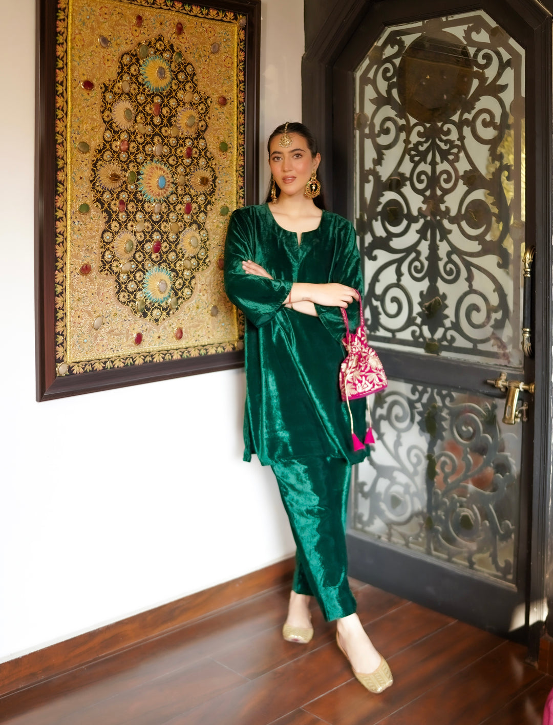 Bottle Green Velvet Co-ord Set