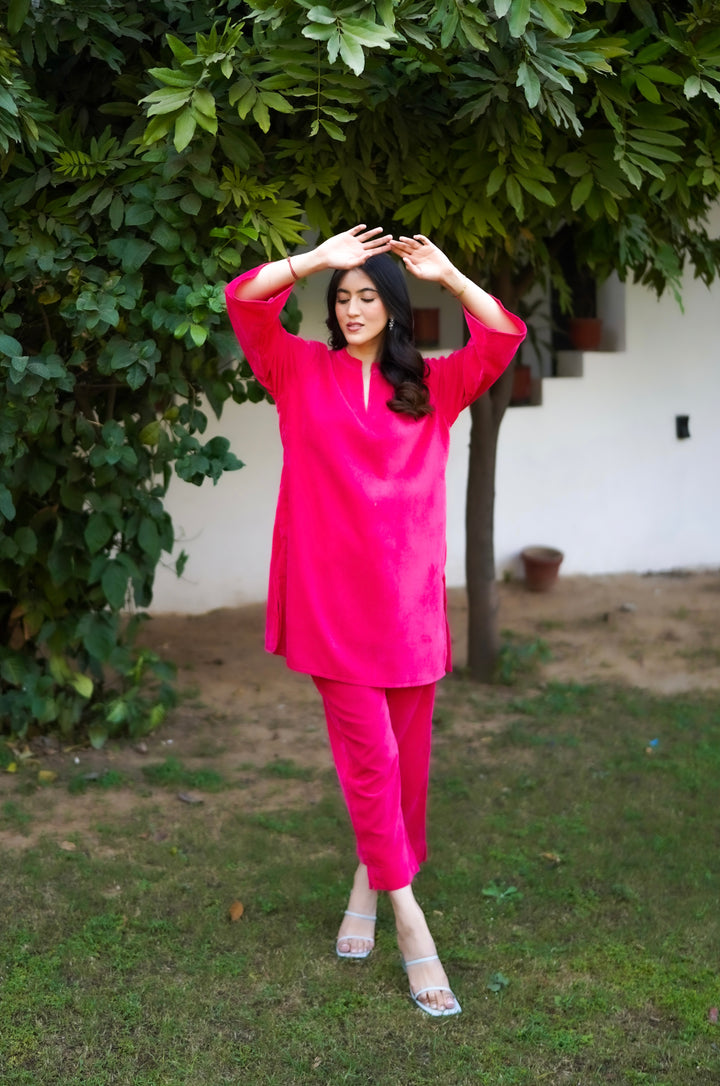 Fluorescent Pink Velvet Co-ord Set
