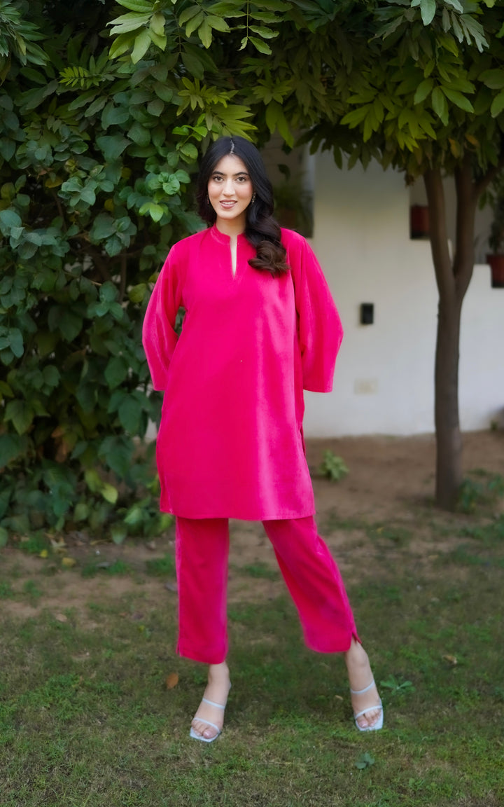 Fluorescent Pink Velvet Co-ord Set
