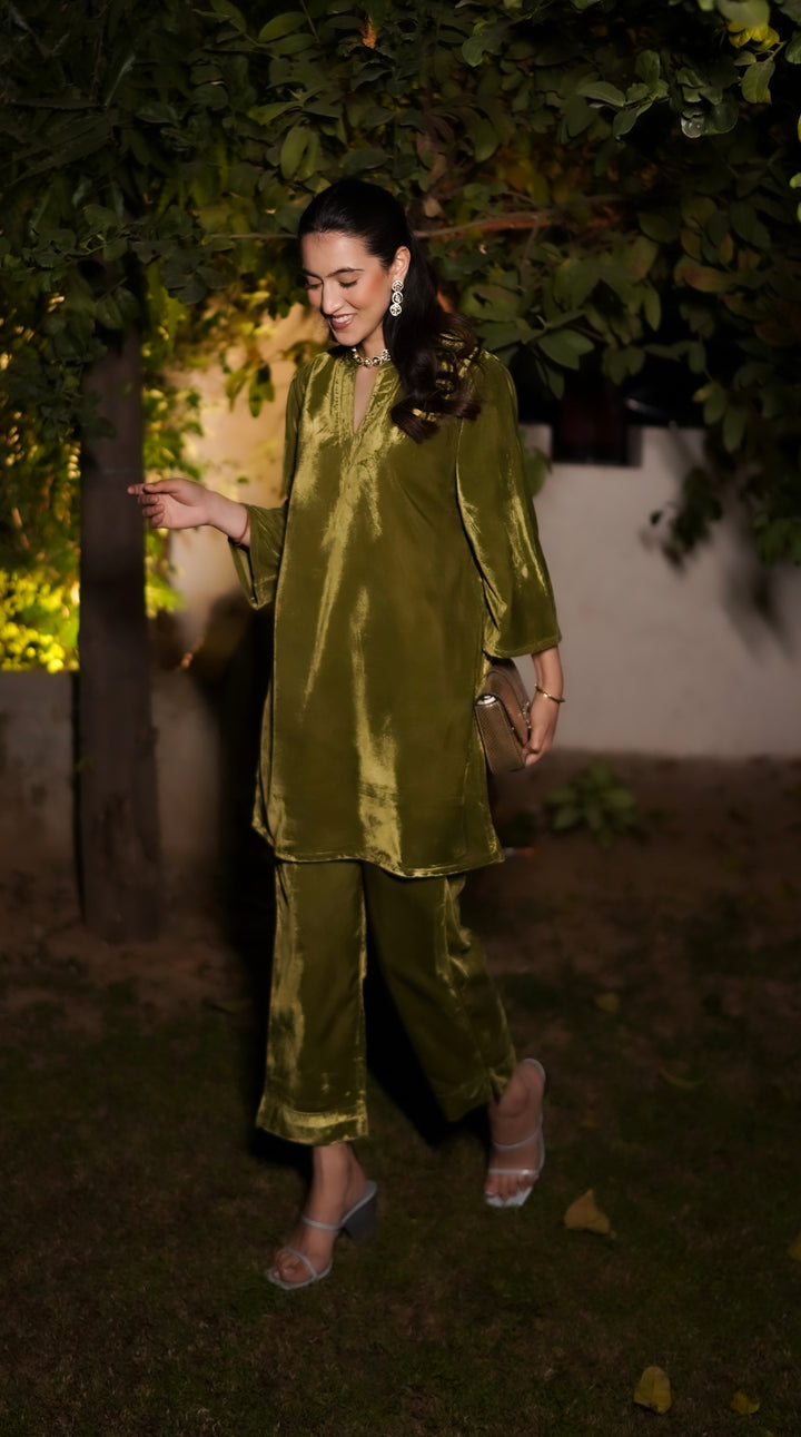 Olive Green Velvet Co-ord Set