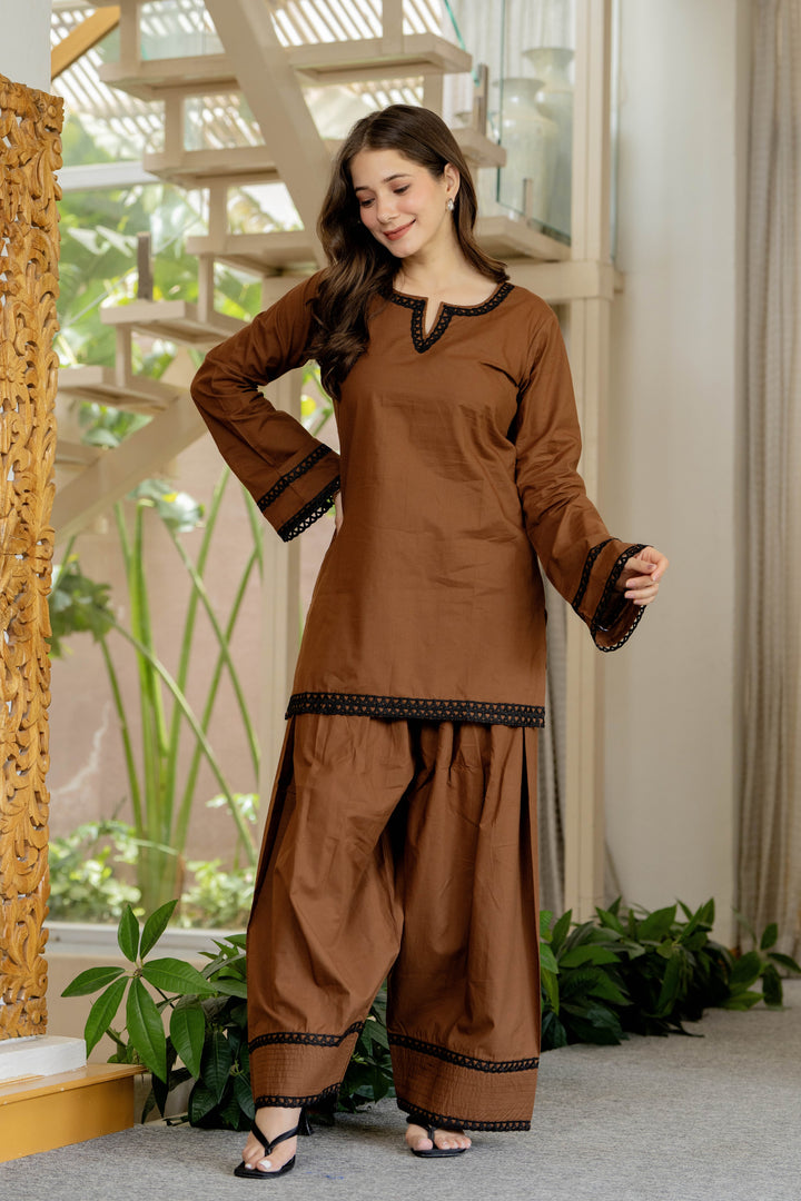 Dark Brown Cotton Farshi Set
