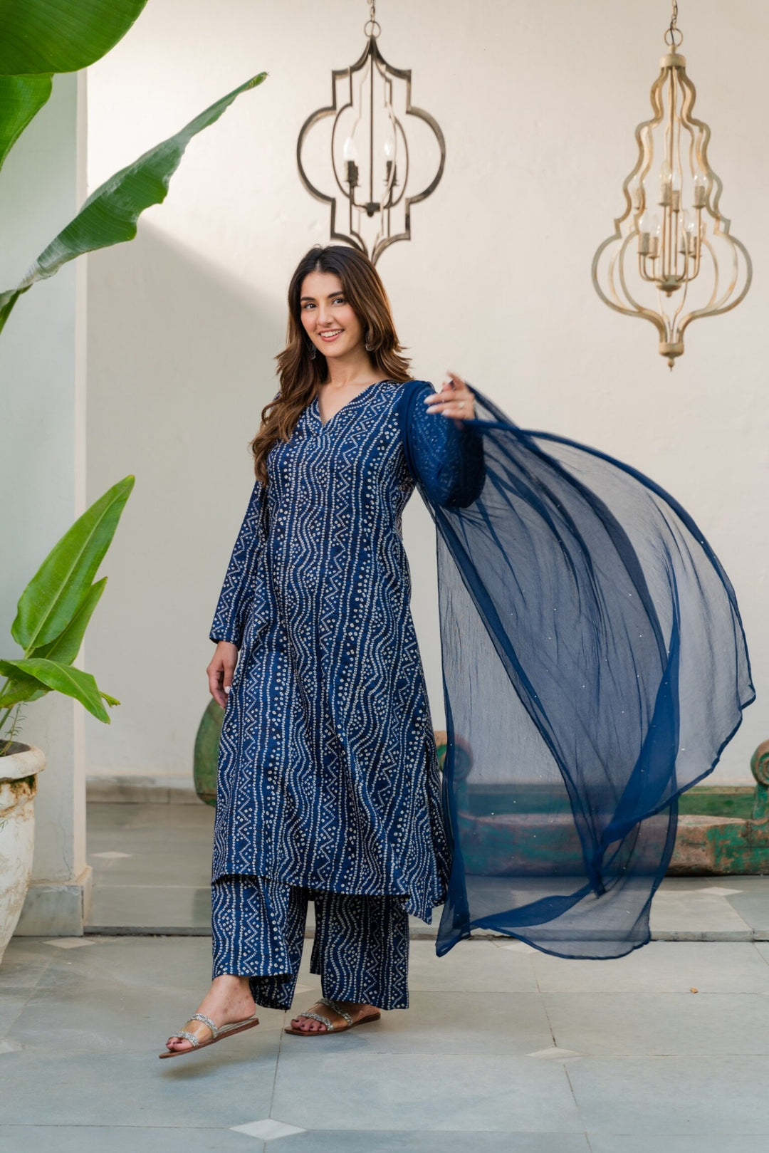 blue bandhani dress Blue Silk Satin Bandhani Printed Dress Design by Stephany at Pernia's Pop Up Shop 2026