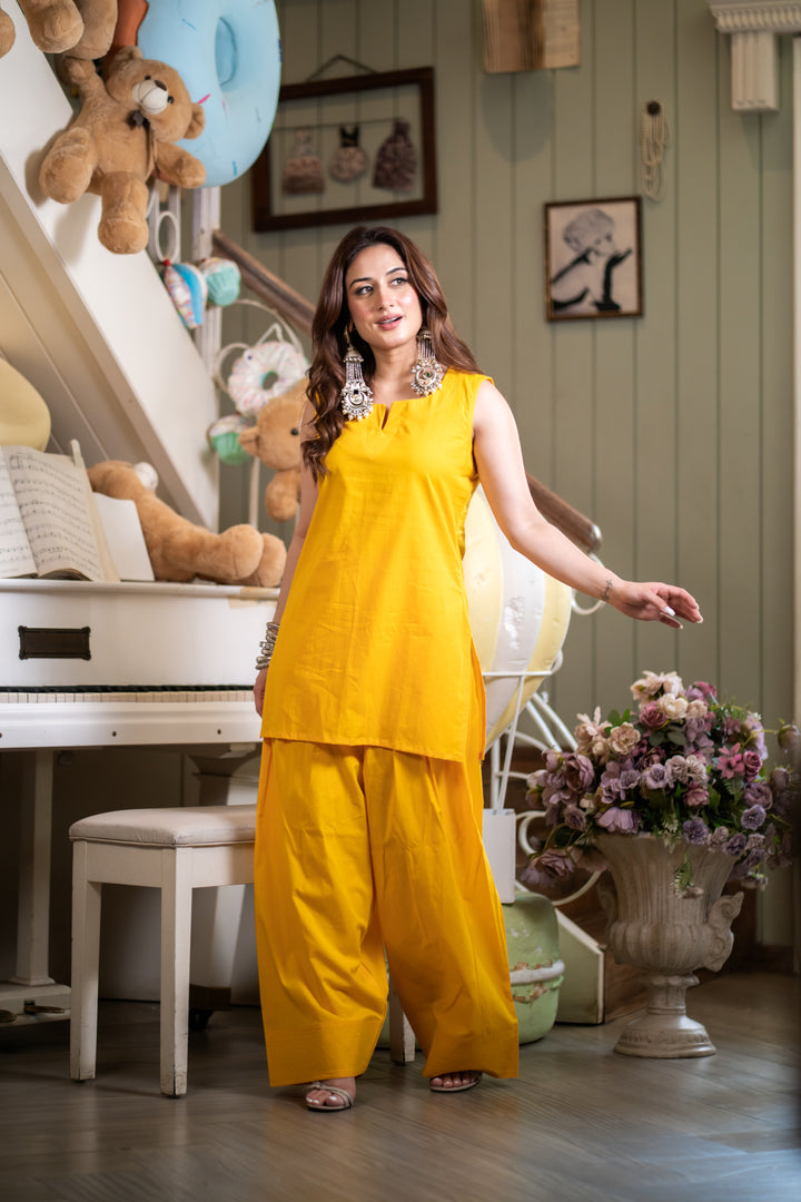 Lubna Yellow Cotton Farshi Set