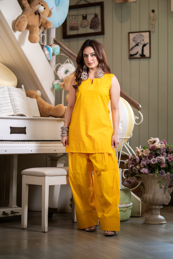 Lubna Yellow Cotton Farshi Set