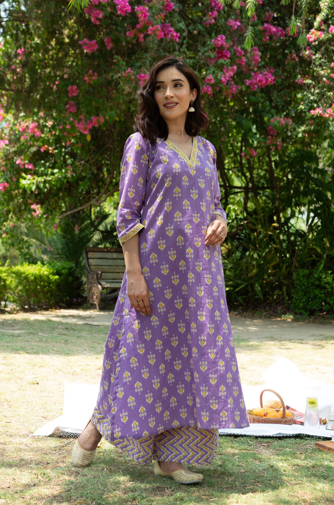 Party Wear A Line Kameez Designs Purple Yellow A-line Suit Set