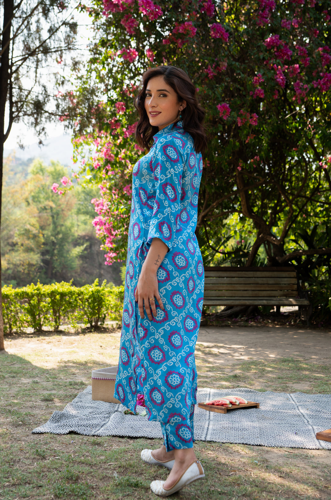 Blue Bandhej Modal Satin Suit Set