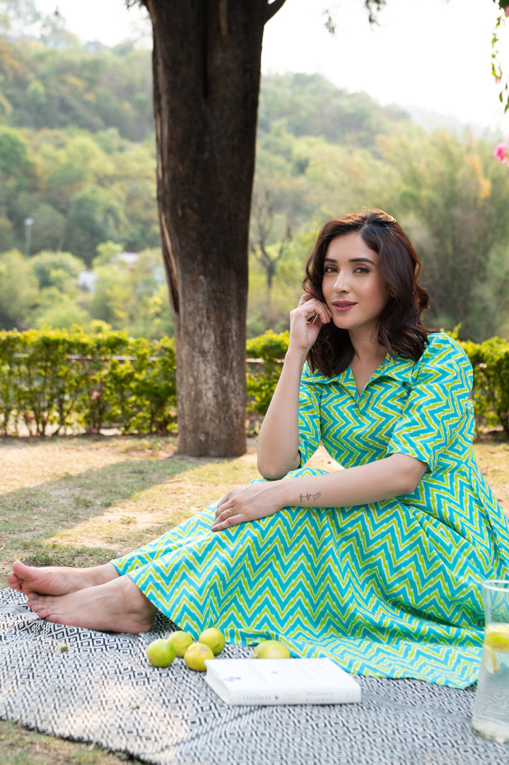 Green Striped Cotton Shirt Dress