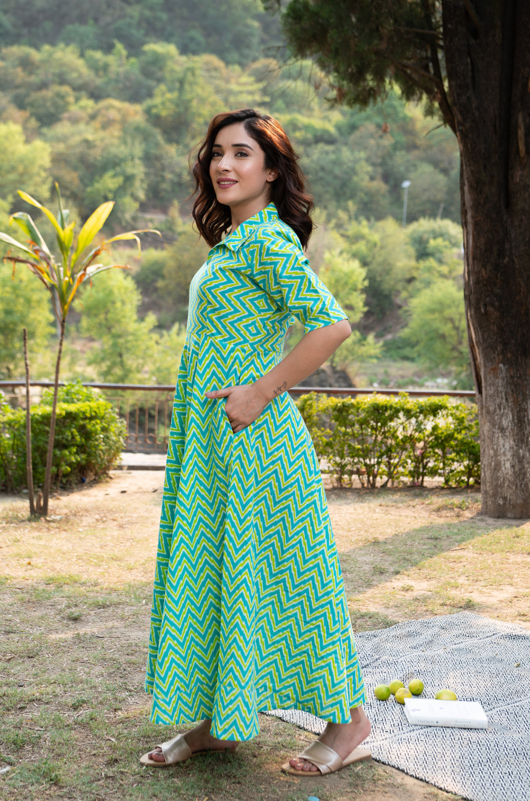 Green Striped Cotton Shirt Dress