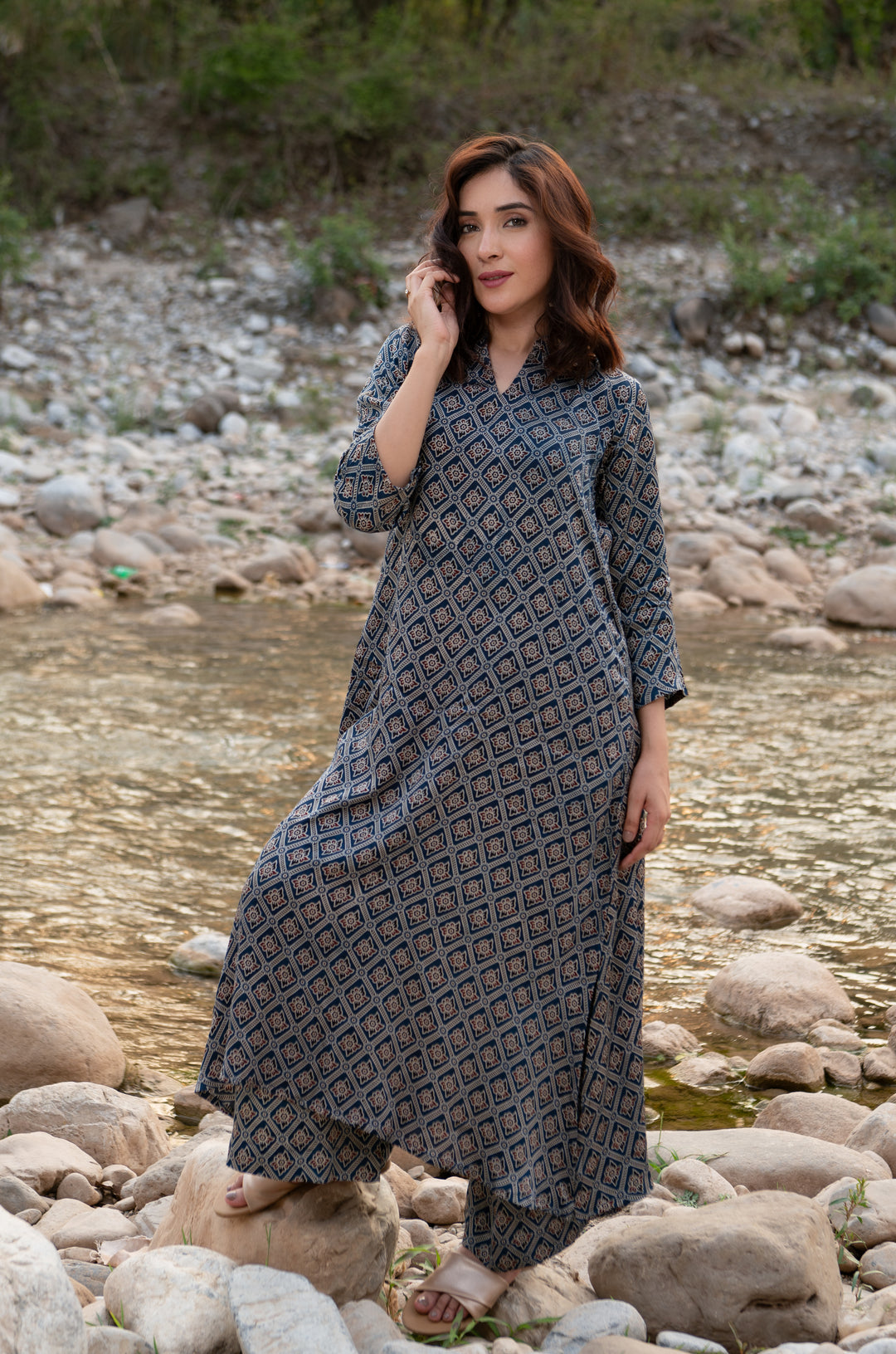 ajrakh dress design Marfa Ajrakh Hand-block Printed Silk Suit Set