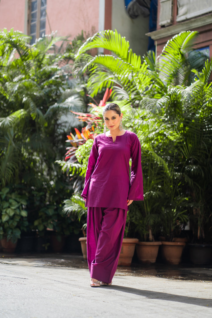 Wine Solid Cotton Farshi Set