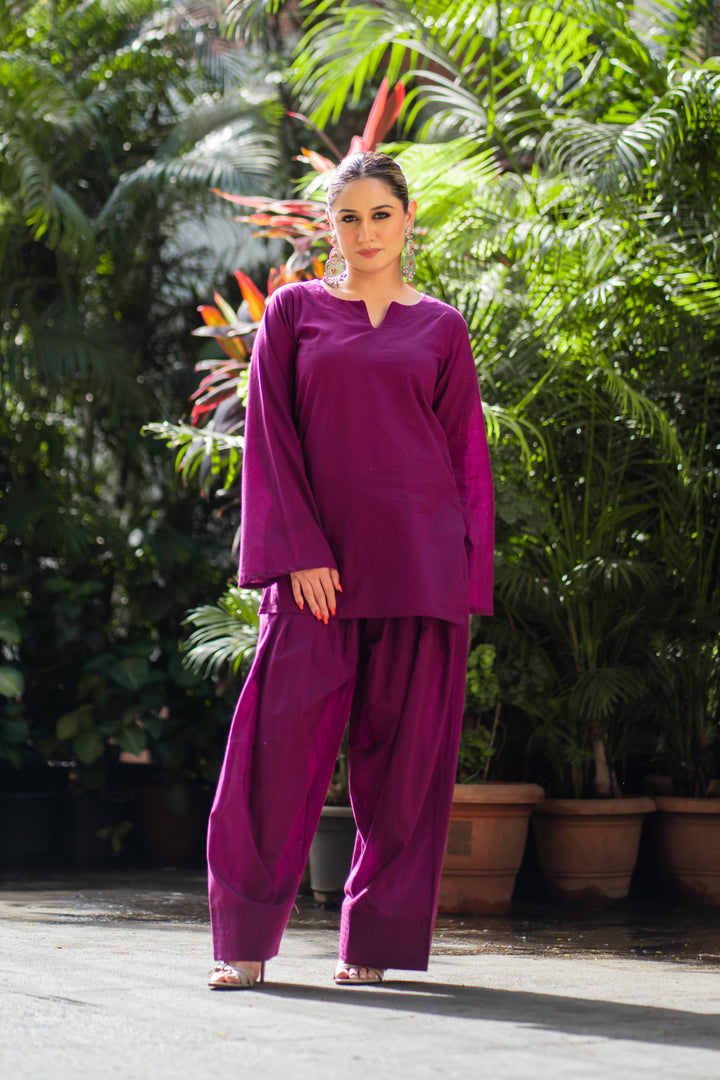Wine Solid Cotton Farshi Set