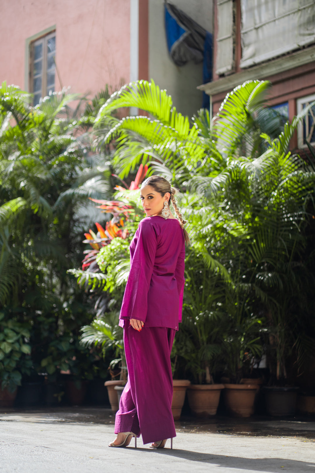 Wine Solid Cotton Farshi Set