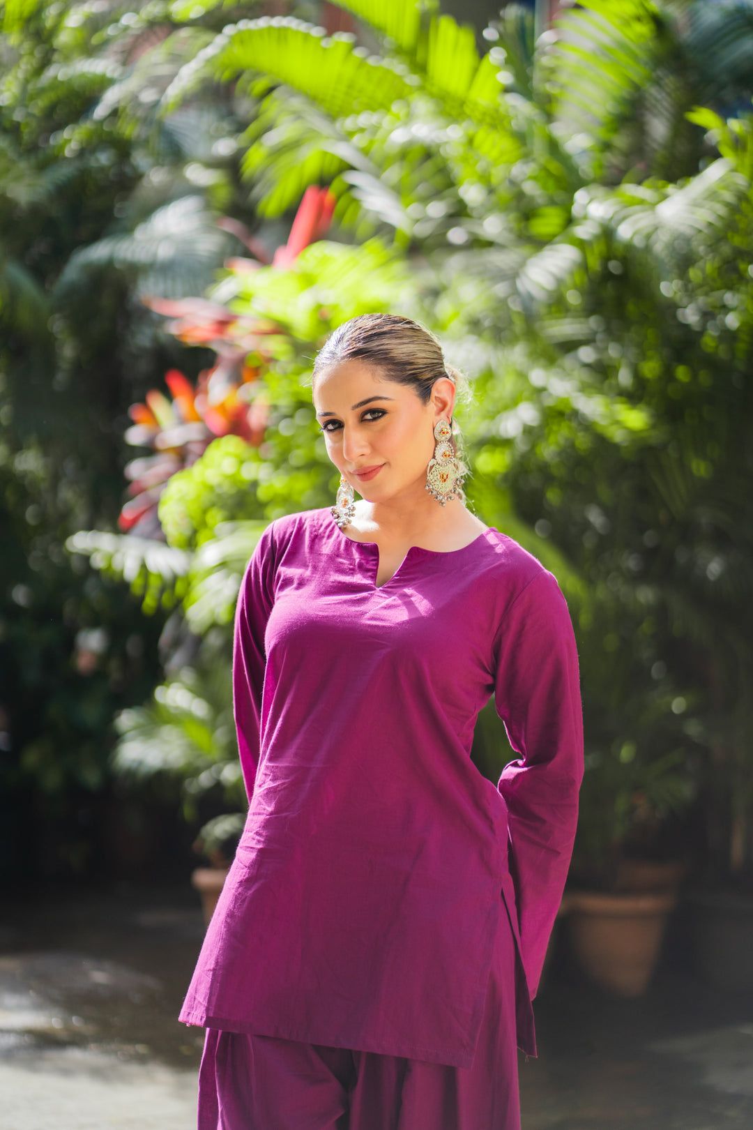 Wine Solid Cotton Farshi Set