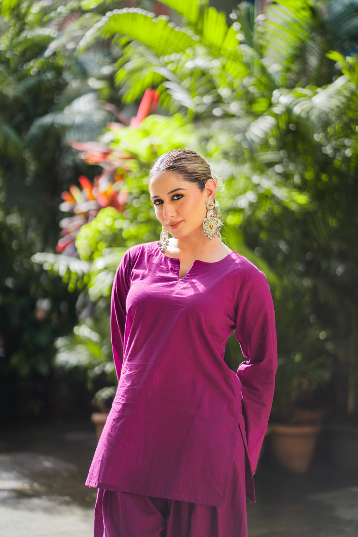 Wine Solid Cotton Farshi Set