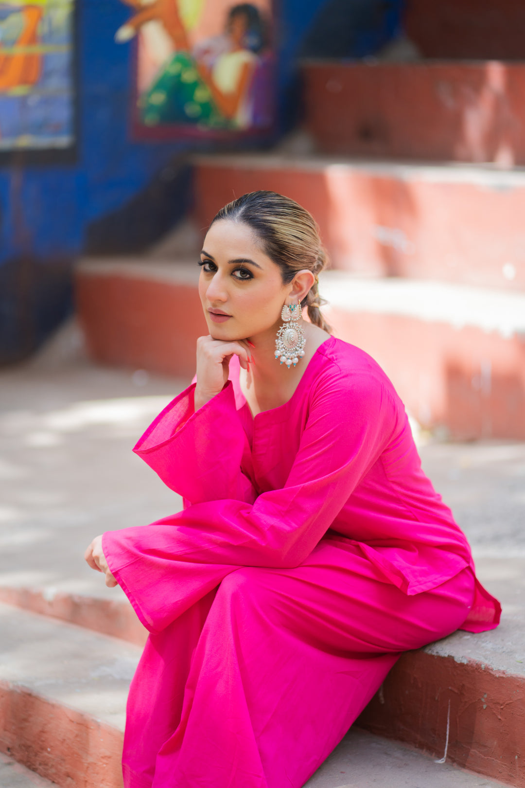 Pink Solid Cotton Farshi Set