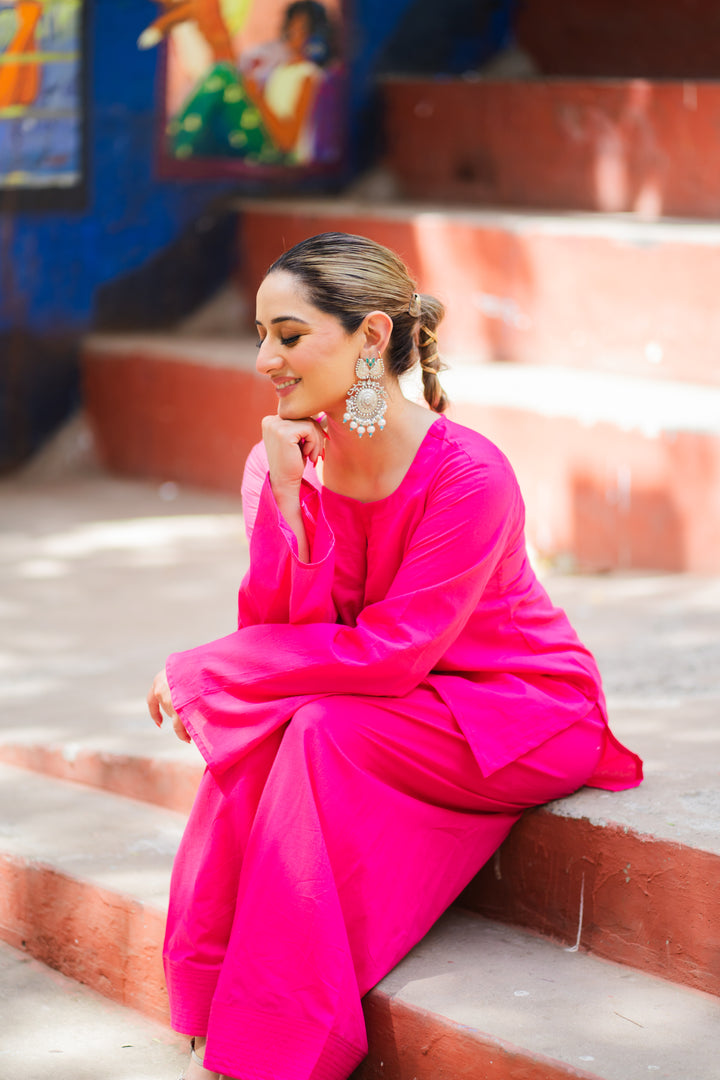 Pink Solid Cotton Farshi Set