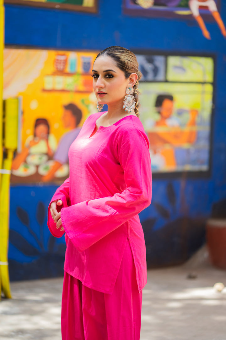 Pink Solid Cotton Farshi Set