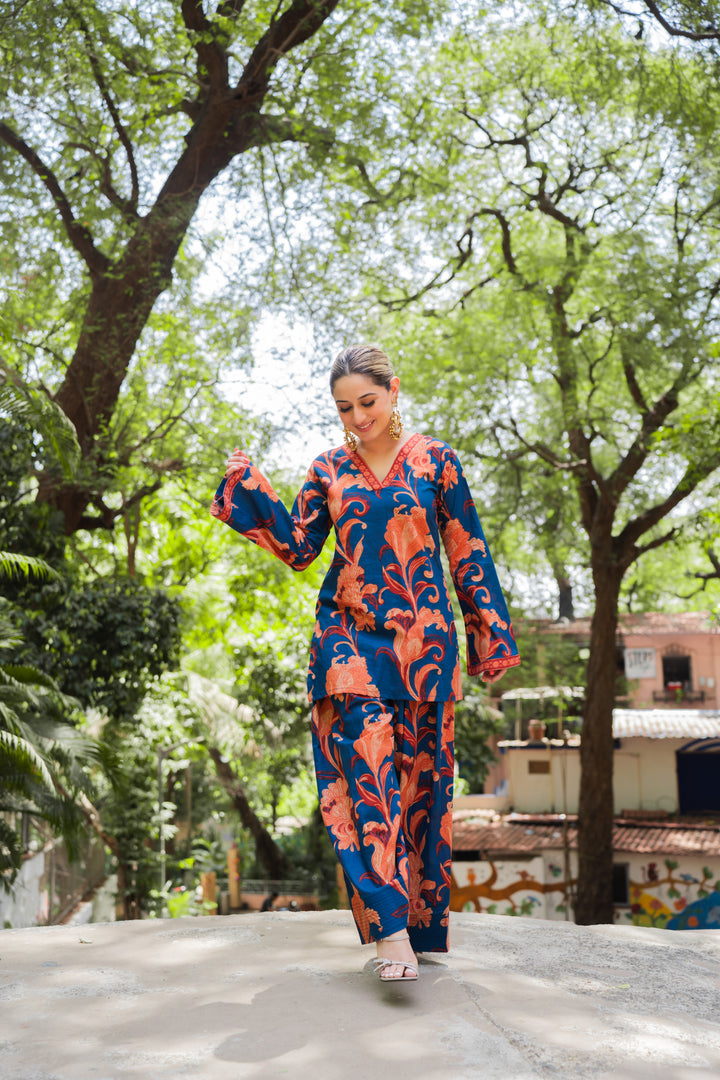 Blue Orange Cotton Farshi Set