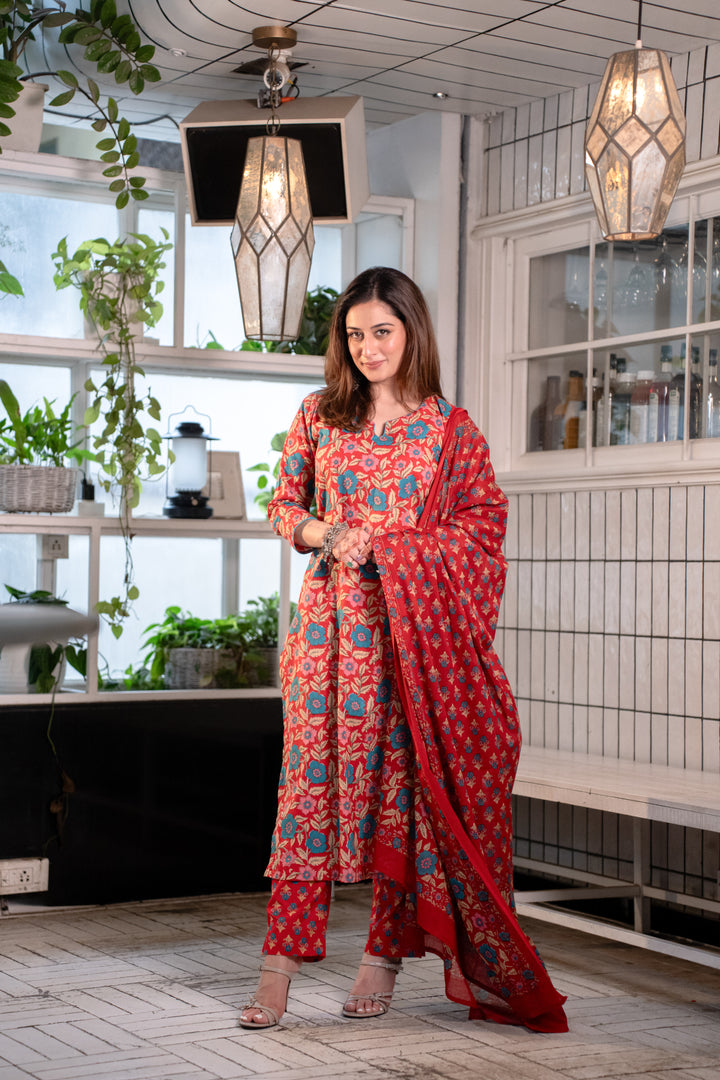 Saumya Red Cotton Suit Set