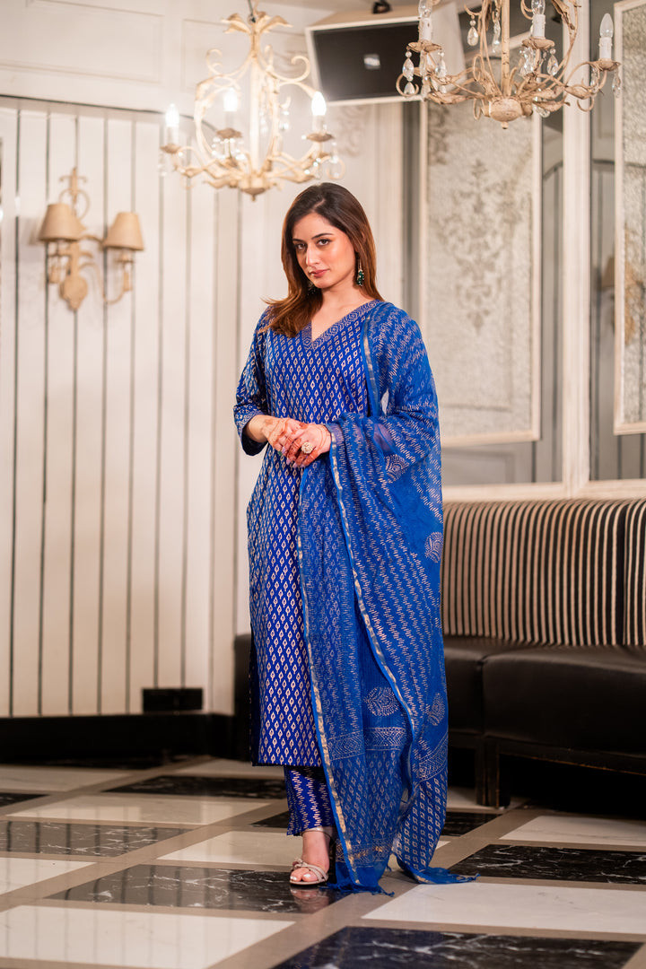 Ink Blue Cotton Foil Suit Set