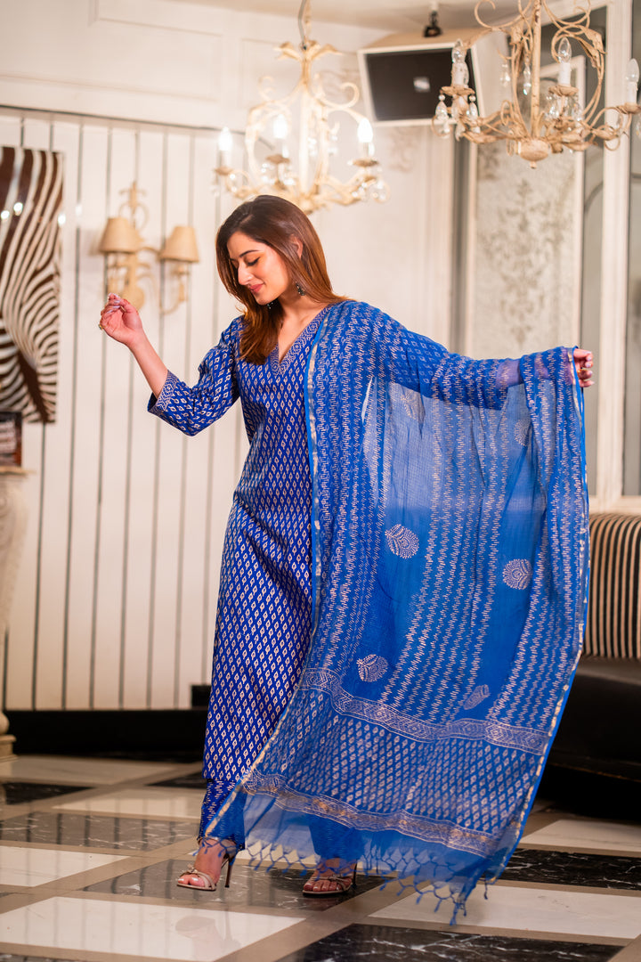 Ink Blue Cotton Foil Suit Set