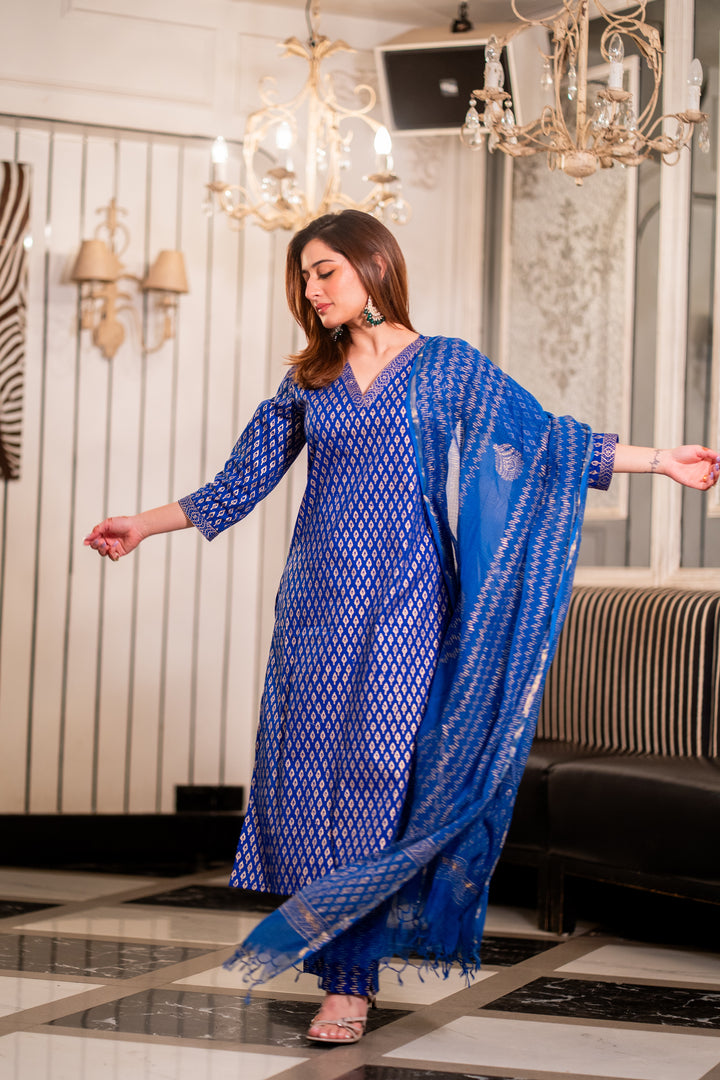 Ink Blue Cotton Foil Suit Set