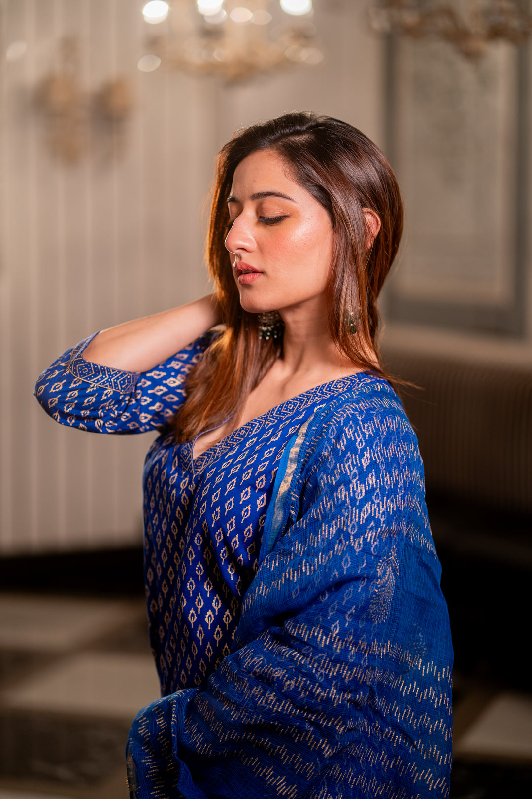 Ink Blue Cotton Foil Suit Set