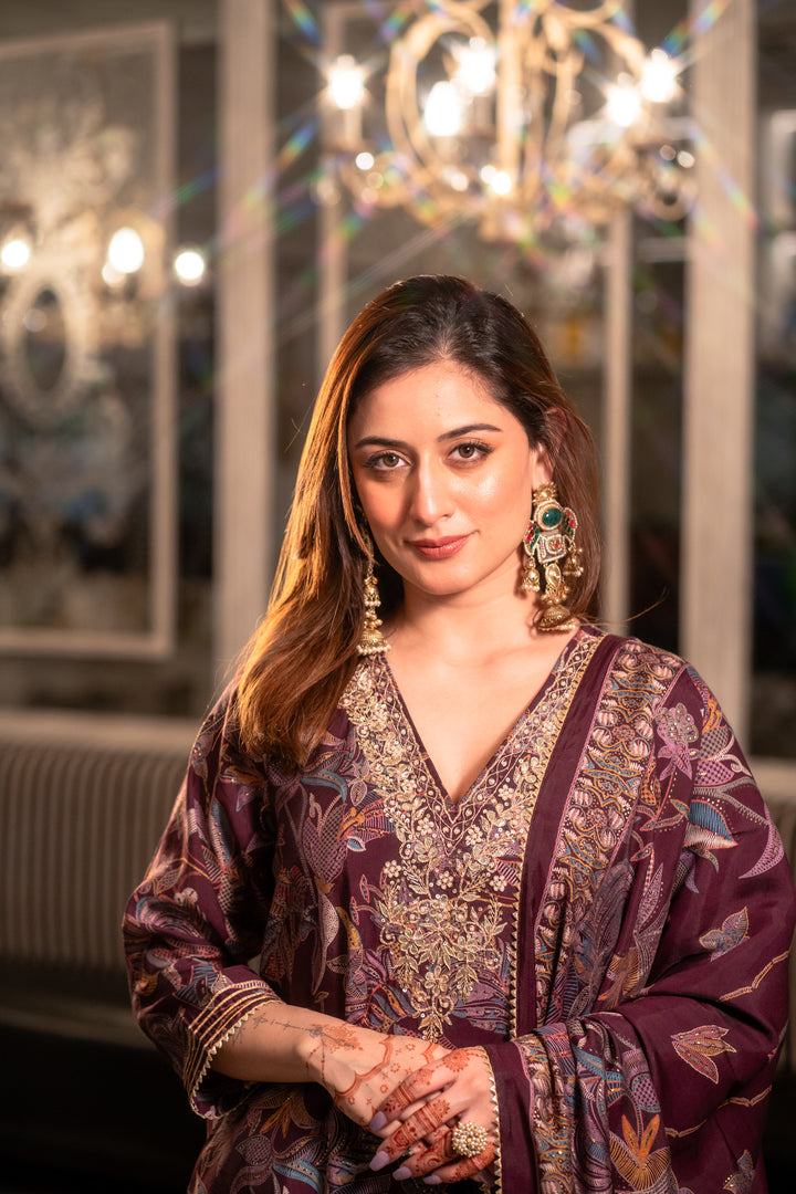 Wine Muslin Suit Set