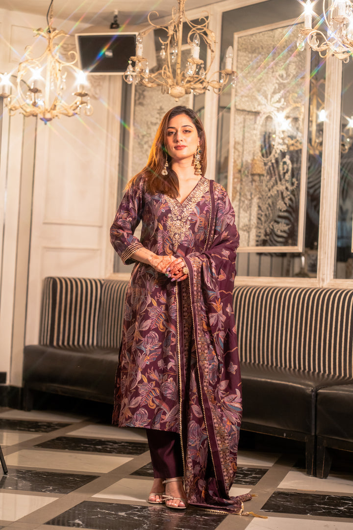 Wine Muslin Suit Set