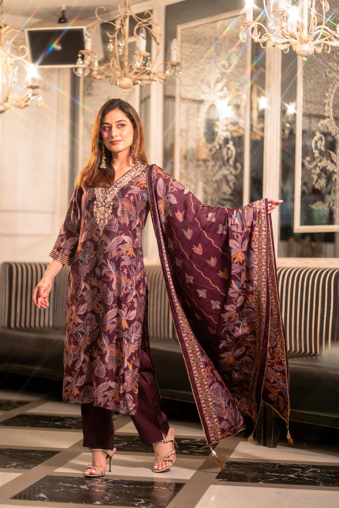 Wine Muslin Suit Set