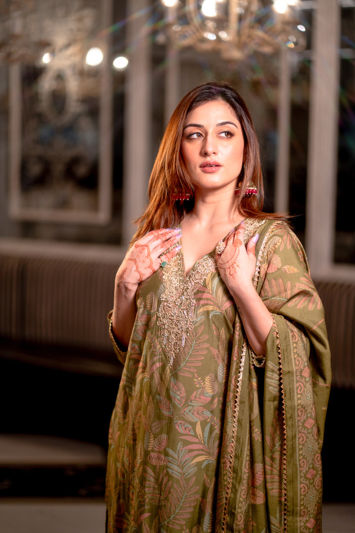 Olive Muslin Suit Set