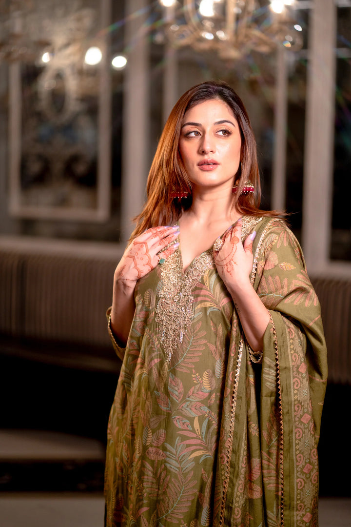 Unstitched - Olive Muslin Suit Set