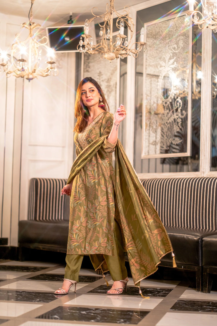 Unstitched - Olive Muslin Suit Set