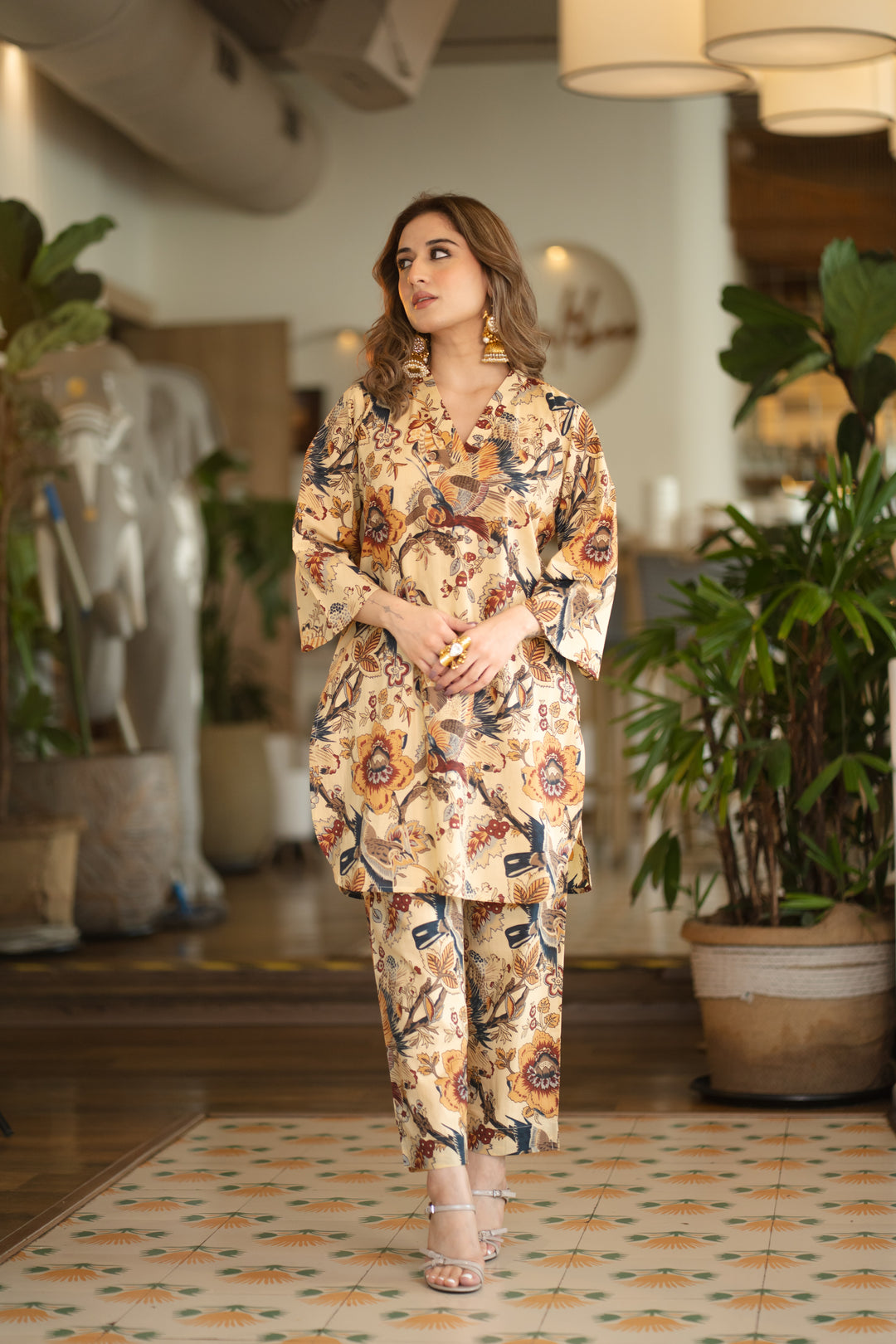 Beige Bird Cotton Co-ord Set