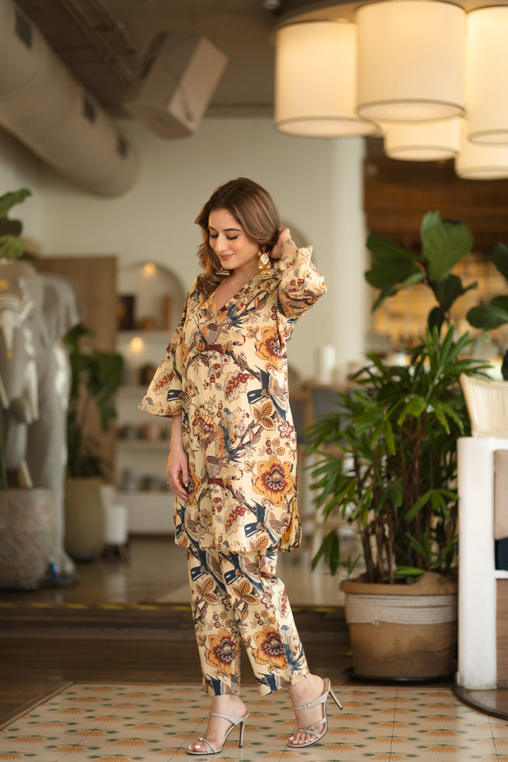Beige Bird Cotton Co-ord Set