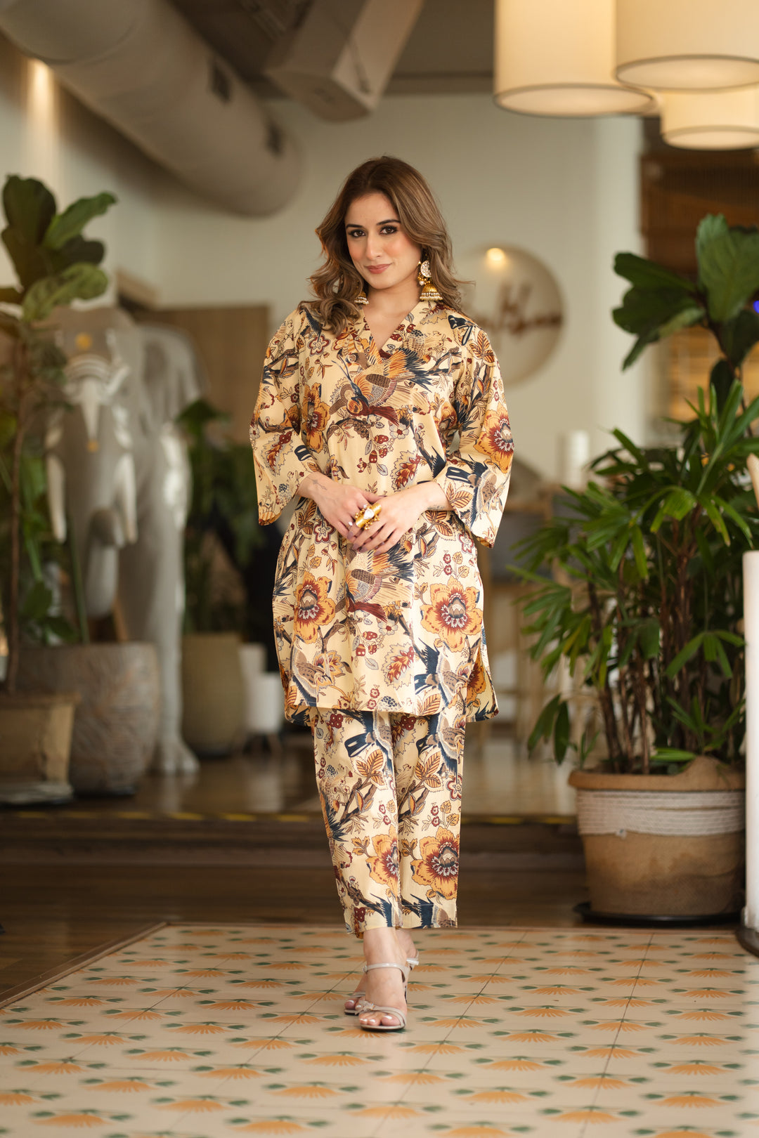 Beige Bird Cotton Co-ord Set
