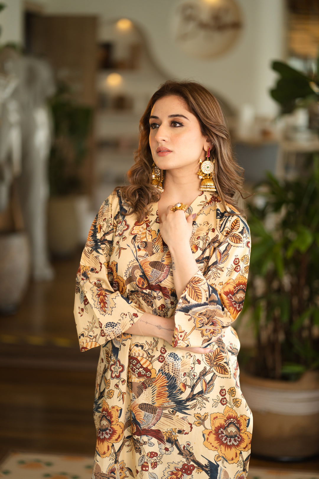 Beige Bird Cotton Co-ord Set