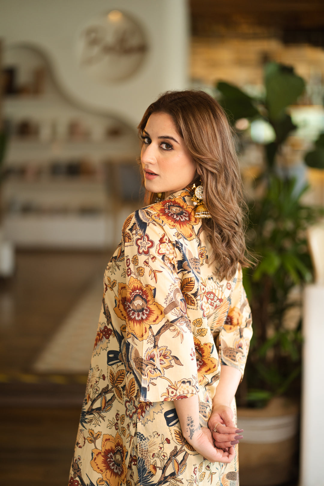 Beige Bird Cotton Co-ord Set