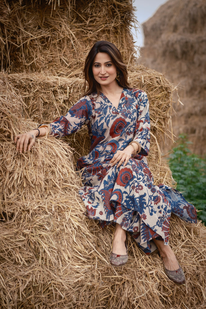 Cream Kalamkari A-line Kurta Set