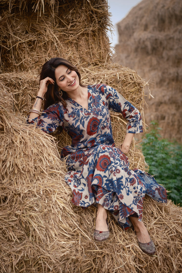 Cream Kalamkari A-line Kurta Set