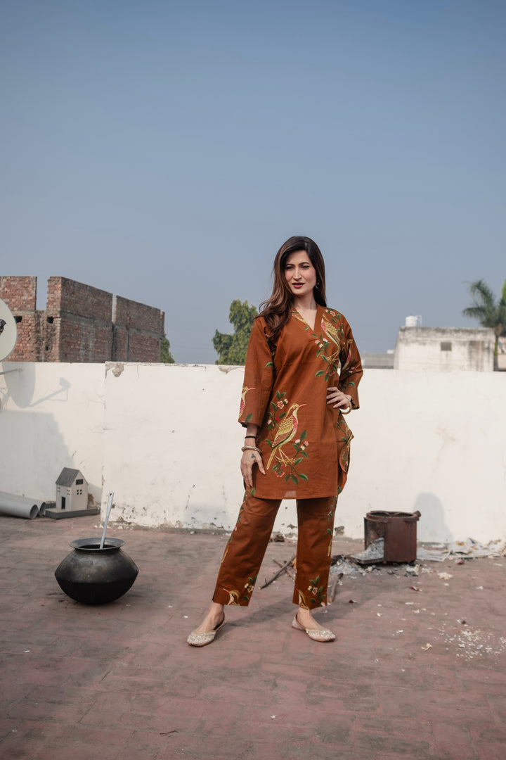 Brown Bird Cotton Co-ord Set